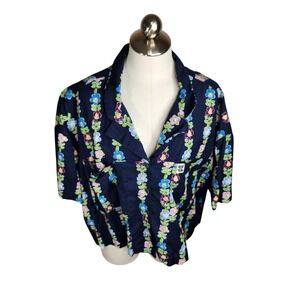 Lucy & Yak Women's Alfie Shirt XL Cotton Linen Floral Short Sleeve Crop Blue